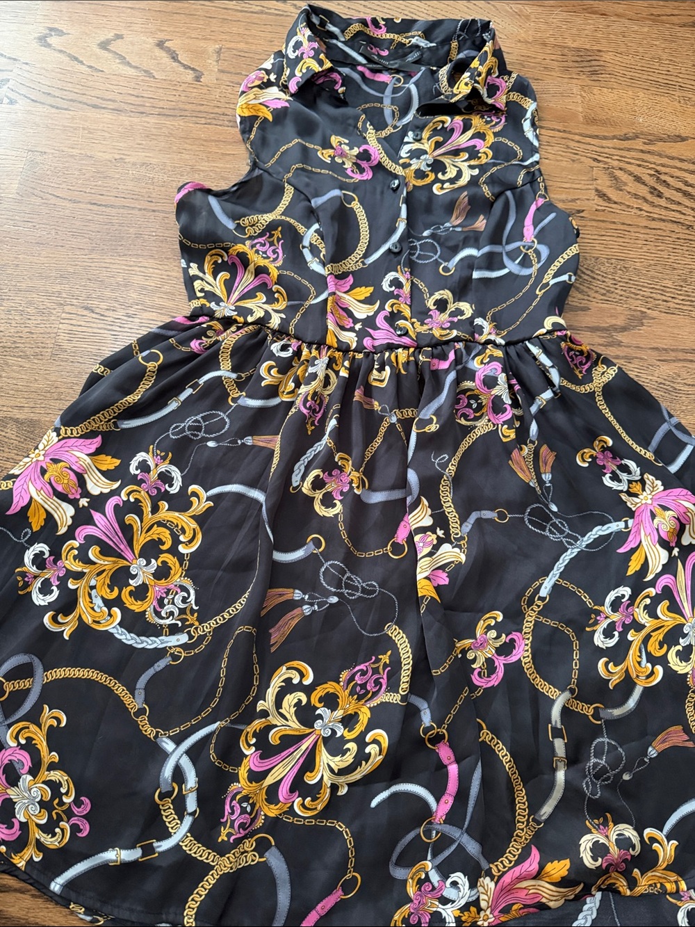 Ali & Kris Black Floral Chain Print Sleeveless silky Dress sz medium